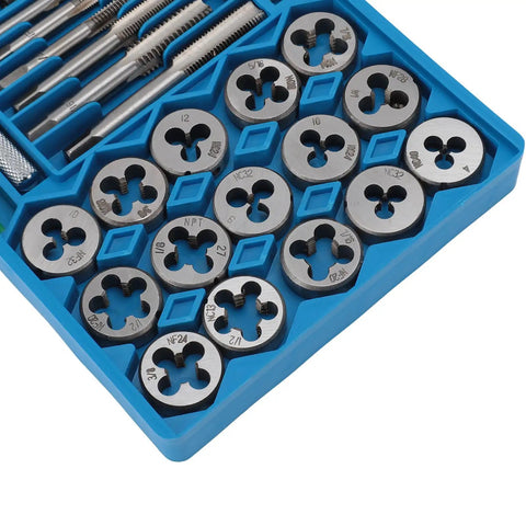 Premium 40 Piece High Carbon Steel Tap And Die Set With Wrenches Thread Gauge And Screwdriver For Auto Repair Metalworking And DIY Projects To Fix Threads On The Fly, blue case