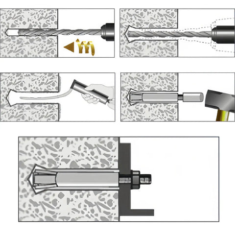 Installation process of Three Eighths Inch By Three Inch Wedge Anchor Set In 304 Stainless Steel For Concrete illustrated in steps
