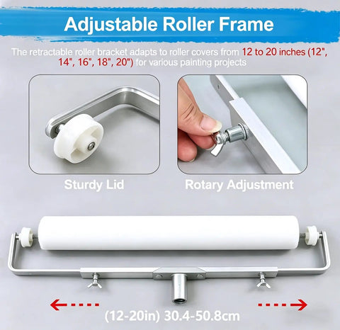 Adjustable Roller Frame for Premium 18 Inch Microfiber Paint Roller Kit with sturdy lid and rotary adjustment feature.