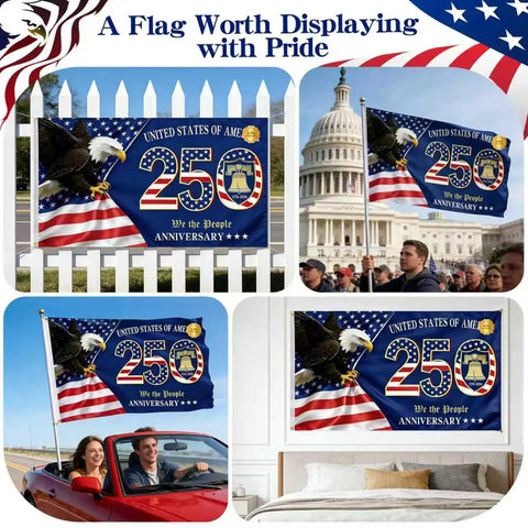 All American 250th Anniversary US Flag 3x5 Ft double sided flying by Capitol, bald eagle, Liberty Bell visible
