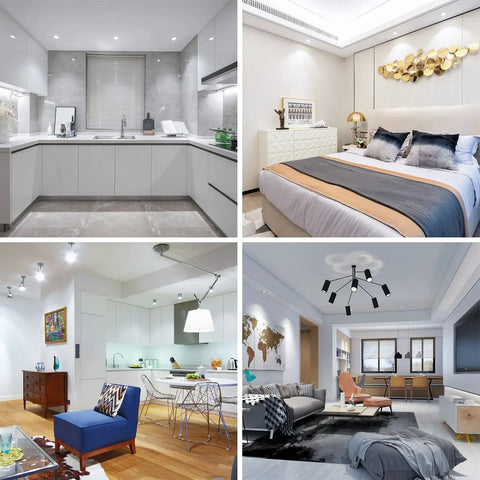 Modern interior settings showcasing lighting with GU10 LED Light Bulb 5000K Daylight White, 70W Halogen Equivalent, Non Dimmable.
