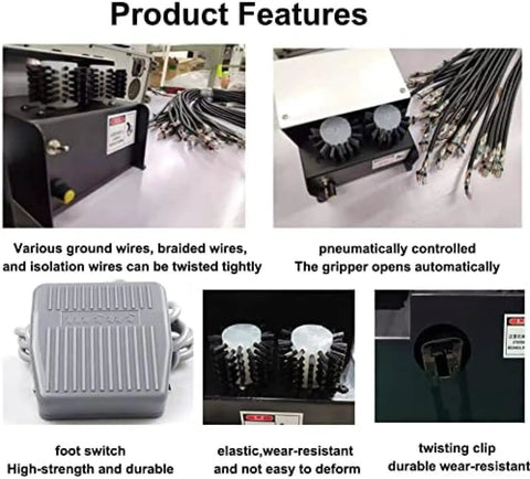 Product features of Auto Adjustable Wire Twisting Machine For Shielded Cable showing gripper, foot switch, and features in detail.