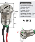 4 Pack 12mm On Off Metal Key Lock Switches With Prewired Leads Rotary Maintained Latching Key Switches Set Includes 8 Keys Built For Easy Use Universal Key System For Shared Gear And Fleet Vehicles, 12mm metal key switch with prewired leads