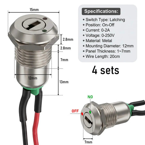 4 Pack 12mm On Off Metal Key Lock Switches With Prewired Leads Rotary Maintained Latching Key Switches Set Includes 8 Keys Built For Easy Use Universal Key System For Shared Gear And Fleet Vehicles, 12mm metal key switch with prewired leads