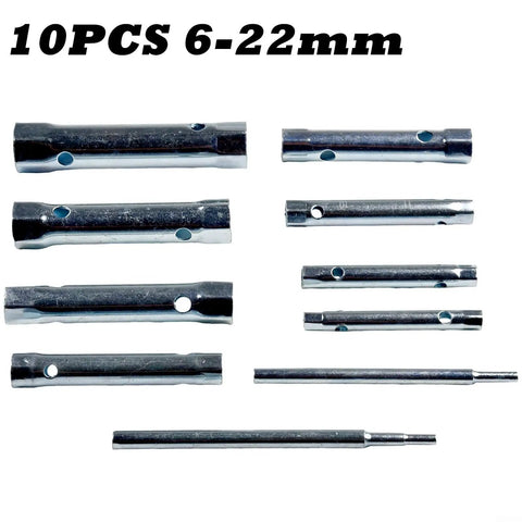 Metric Tube Spanner Set With Hollow Socket Wrenches, 6-22mm Double Ended Carbon Steel Box Spanners, 10-Piece Set Displayed