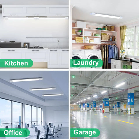 Linkable Two-Foot LED Shop Light Two Pack 5000K 18W Plug In Ceiling Closet Laundry Kitchen Garage Workbench Under Cabinet Triproof White Ultra Bright Energy Saving Lighting Fixture installed in kitchen, laundry, office, and garage.