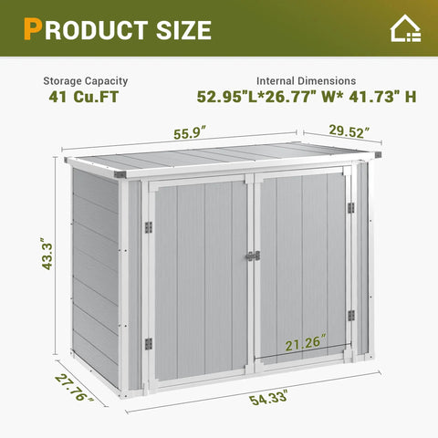 41 Cu Ft Horizontal Outdoor Storage Shed Weatherproof Resin With Thickened Floor, showing external dimensions with lockable doors.