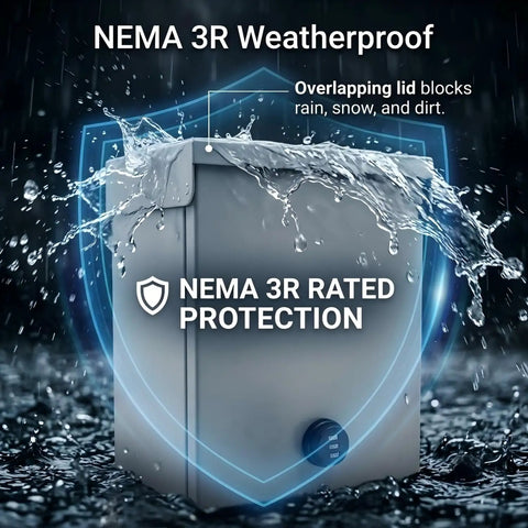 Heavy Duty Metal Outdoor Electrical Box Featuring Rock Solid Construction And Hella Secure Resettable Combo Lock For Effortless IP66 Waterproof Wiring Protection with NEMA 3R features.