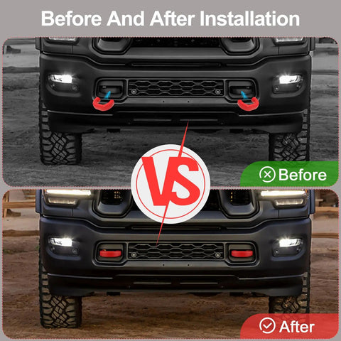 Dodge RAM Tow Hitch Covers 2019 to 2026 Thickened Upgrade 2 Pack Red For 2500 3500 Exterior Accessories Durable Tow Hook Covers Fits Receiver Hitch Easy Install Protective Car Exterior Upgrade, before and after installation comparison.