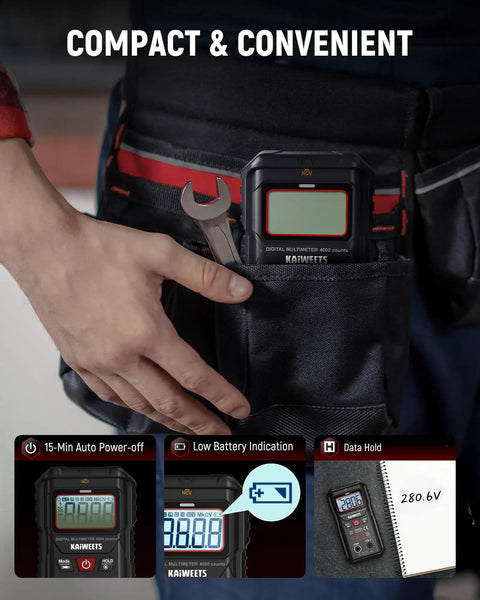 Smart Auto Ranging Digital Multimeter True RMS 4000 Counts with Non Contact Voltage Detector NCV in tool belt pocket