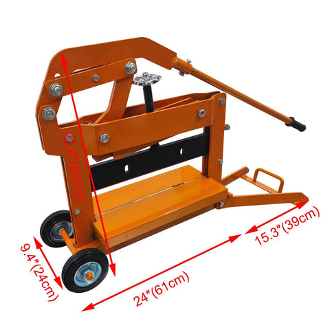 Manual Block Splitter Cutter Portable Paver Cutting Tool For Easy Brick And Stone Cutting Adjustable Cutting Size From 0 To 3.9 Inches And Width Up To 15.7 Inches Built For Quick Labor Saving Work On Job Sites., orange steel manual block splitter cutter with wheels, 23.6 in high and 24 in long