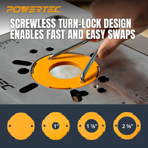 Ready To Rumble Benchtop Router Table With Beefed Up Metal Stand And Precision Adjustable Fence Kit For Quick Woodworking Cuts On 24X16 MDF Surface Aluminum Insert Plate demonstrating screwless turn-lock design for easy router insert swaps.