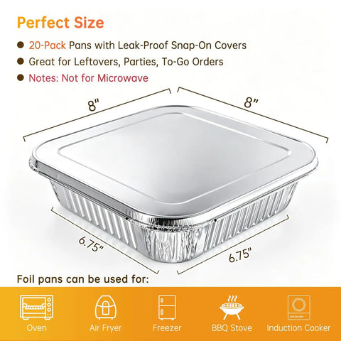 20 Pack 8x8 Aluminum Pans With Lids For Baking Roasting And Reheating Heavy Duty Square Foil Pans Leak Resistant