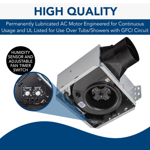 Humidity Sensing Exhaust Fan With LED Light, 80 CFM, Ultra Quiet 0.8 Sones, Energy Star Certified, showcasing motor and sensor