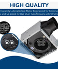Energy Star Humidity Sensing Bath Vent Fan With LED Light 110 CFM Quiet 1.0 Sones, showcasing motor and humidity sensor details