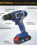 20V Cordless Hammer Drill Kit With Battery And Charger, 30 Nm Torque, Three Eighths Inch Keyless Chuck, Two Speed Drill Driver.