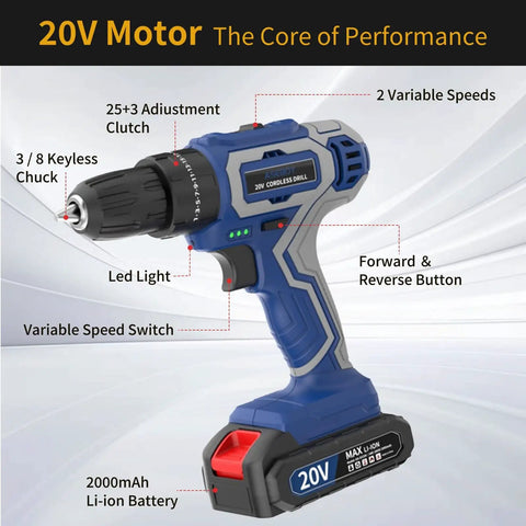20V Cordless Hammer Drill Kit With Battery And Charger, 30 Nm Torque, Three Eighths Inch Keyless Chuck, Two Speed Drill Driver.