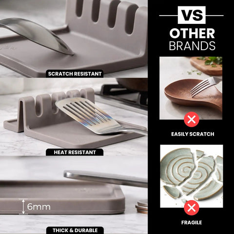 High Heat Silicone Spoon Rest Drip Pad For Stove Top Keeps Counters Clean And Dry Holds Ladles Tongs Spatulas And Utensils BPA Free Heat Resistant Easy To Clean Compact Kitchen Gadget Gift shown with utensils in slots and comparison with other brands showing scratch resistance, heat resistance, and durability.