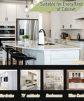 Slam Free Soft Close Cabinet Hinges Pair 1-1/2 Inch Overlay Face Frame in modern kitchen with white cabinets and bar stools.