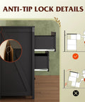Detail of anti-tip lock on Top Shelf 9 Drawer Farmhouse TV Stand With Badass Storage Space In Sleek Black.