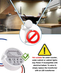 Diagram showing limitations for Bright T5 Wedge Base LED Bulbs 12V 1.5W, not suitable for under-cabinet use with warning signs.