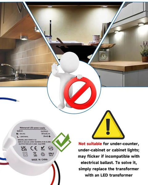 Diagram showing limitations for Bright T5 Wedge Base LED Bulbs 12V 1.5W, not suitable for under-cabinet use with warning signs.