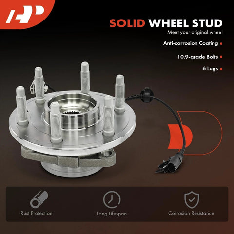 Front Wheel Bearing Hub Assembly For 4WD Chevy Silverado 1500 Tahoe Suburban Avalanche GMC Sierra 1500 Yukon XL 1500 Cadillac Escalade ESV EXT With Six Lug And ABS shown with six lugs and ABS wiring