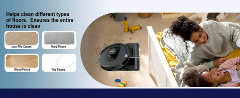 Black robotic vacuum on floor, All-In-One Universal Vacuum Replacement Parts Kit For AV2511AE AV2501S AV2610WA RV2502AE RV2610WA AV2510 AV2520 And More Includes Main Brush Foam Filters Primary Filter Side Brushes