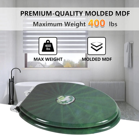 Elongated Toilet Seat With Quiet Close Hinges, MDF Wood Build, Lotus Leaf Finish shown in a bathroom setting