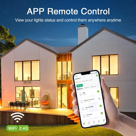Hand using app to control lights in house with No Brainer Smart Dimmer Switch For Single Pole 2.4GHz WiFi Works With Alexa And Google Home.