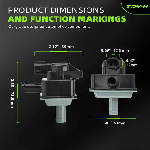 Dimensions of Evap Purge Vacuum Solenoid Valve Replacement For Toyota Cars 136200-7350 994-116 CP808 with black housing.