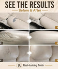 Before and after comparison of couch repairs using Professional Grade Easy Apply Leather And Vinyl Repair Kit.