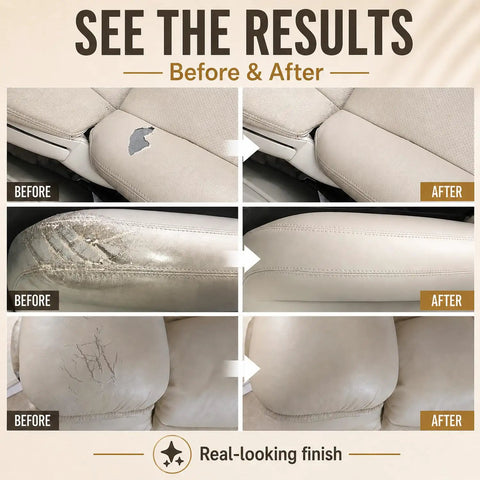 Before and after comparison of couch repairs using Professional Grade Easy Apply Leather And Vinyl Repair Kit.