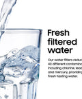 Fresh filtered water pouring into a glass, highlighting the effect of using Fridge Water Filter Replacement Cartridge With Carbon Block Filtration For Clean Fresh Drinking Water, Six Month Life, Ice Maker Compatible, Reduces Contaminants HAF-CIN/EXP, 1 Pack.