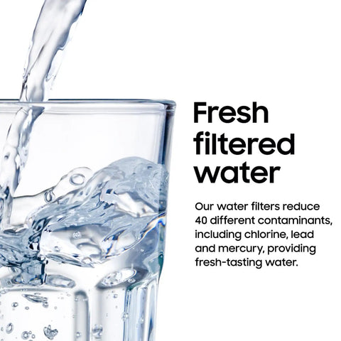 Fresh filtered water pouring into a glass, highlighting the effect of using Fridge Water Filter Replacement Cartridge With Carbon Block Filtration For Clean Fresh Drinking Water, Six Month Life, Ice Maker Compatible, Reduces Contaminants HAF-CIN/EXP, 1 Pack.