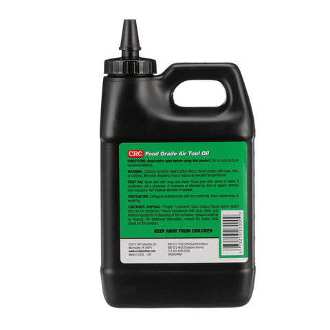 Back view of a 32-ounce bottle of Food Grade Air Tool Oil For Food Processing Equipment Fully Synthetic NSF H1 Lubricant, black container.