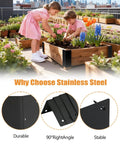 Premium Stainless Steel Raised Garden Bed Corner Brackets 8 Pack Heavy Duty L Braces displayed in a garden bed setup with flowers.