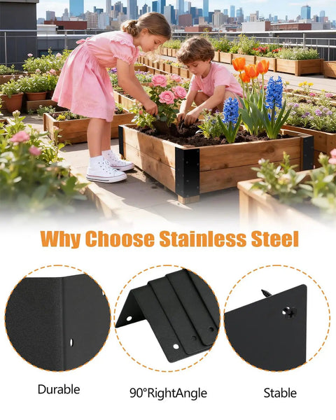 Premium Stainless Steel Raised Garden Bed Corner Brackets 8 Pack Heavy Duty L Braces displayed in a garden bed setup with flowers.