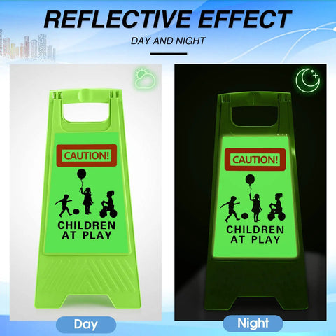 Two Pack Reflective Kids Playing Sign 24 Inch Double Sided Slow Down Kids At Play Board with portable handle, day and night view