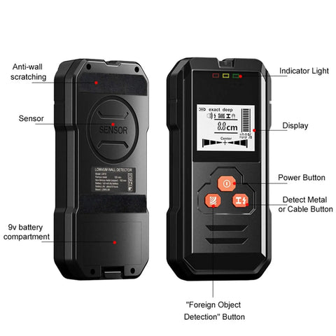 Straight Up Digital Stud Finder With Bright LCD Display for metal and wood detection, featuring buttons and display.