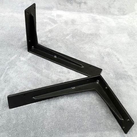 Heavy Duty Wall Mount Floating Shelf Brackets Right Angle Corner Iron L Brackets Rust Resistant Finish set of two shown on gray background.