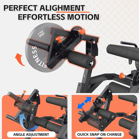 Close-up of All In One Leg Day Beast Machine features angle adjustment and quick snap change system for leg exercises.
