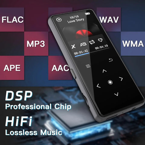 128GB Bluetooth MP3 Player With Built In Speaker All In One Portable Music Player with HiFi DSP chip and lossless audio formats display.