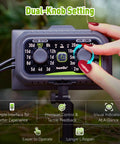 Close-up of dual-knob setting on compact programmable solar automatic plant waterer kit for indoor and outdoor use.