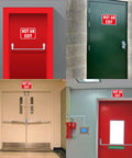 Two Pack Heavy Duty Aluminum Not Exit Signs Measuring Ten By Seven Inches on various doors in indoor and outdoor settings.
