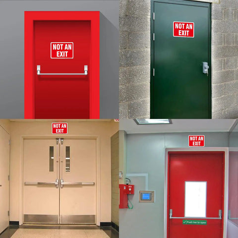 Two Pack Heavy Duty Aluminum Not Exit Signs Measuring Ten By Seven Inches on various doors in indoor and outdoor settings.