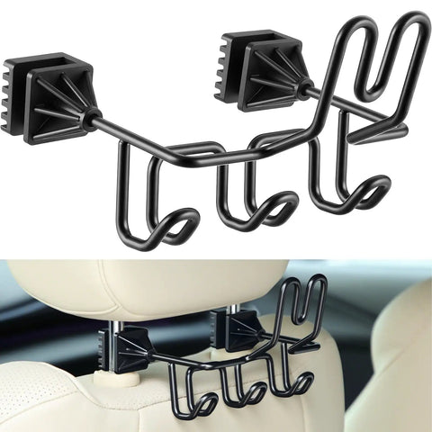 Hard Hat Holder And 3 Hook Organizer For Truck And Car Seats - Black attached to car headrest, showing triple hooks and sturdy design