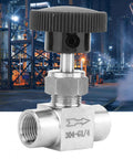 Front view: stainless steel needle valve, 1/4-in NPT female x 1/4-in NPT female, knurled black knob