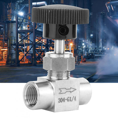 Front view: stainless steel needle valve, 1/4-in NPT female x 1/4-in NPT female, knurled black knob
