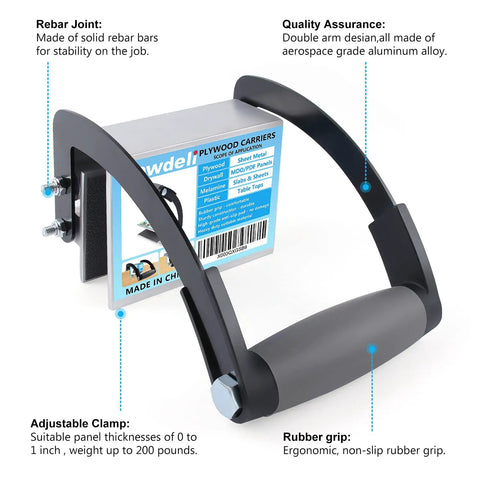 Two Pack Plywood Carrier Clamp Set for Lifting Drywall and Panel Moving, ergonomic handle and adjustable aluminum clamp